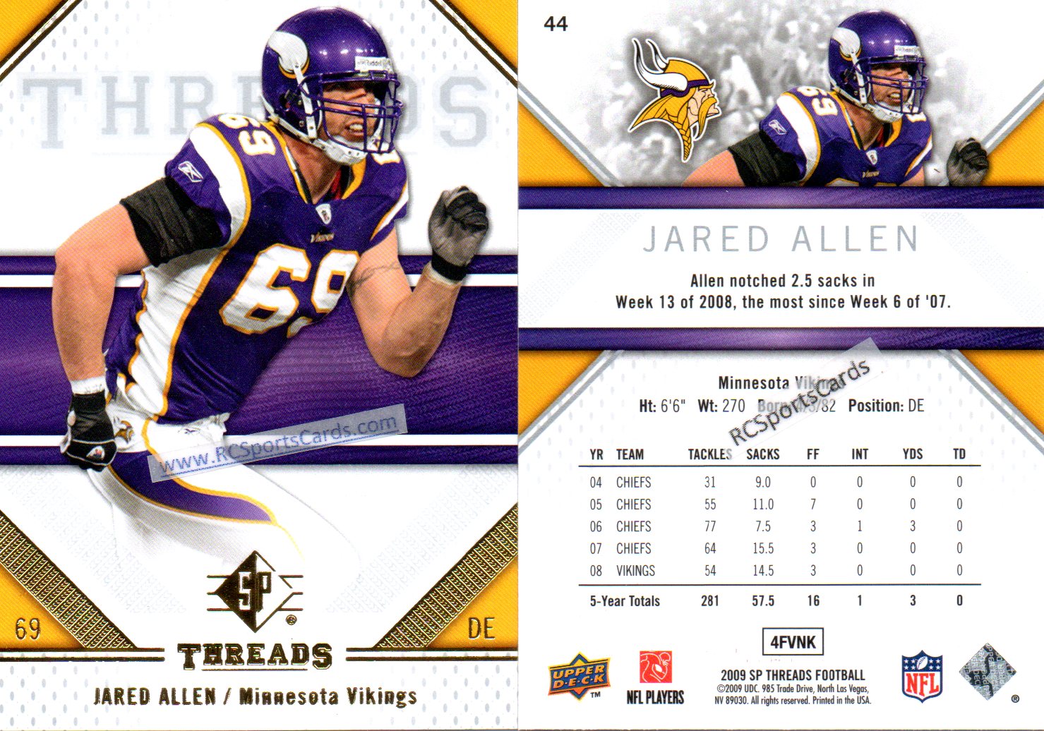 2009 Jared Allen, Vikings, 2 SP Threads #44, #F6866